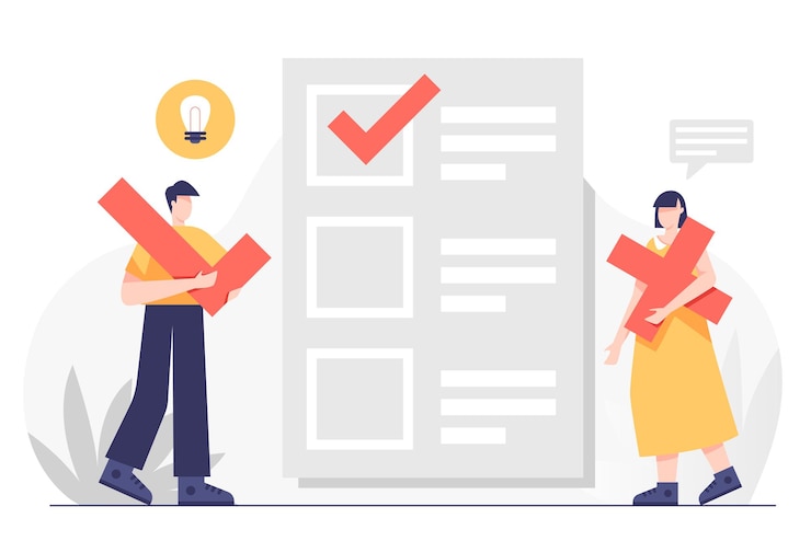 Vector Gratis young worker man and woman chooses check mark and puts it in the check survey box , cartoon vector illustration
