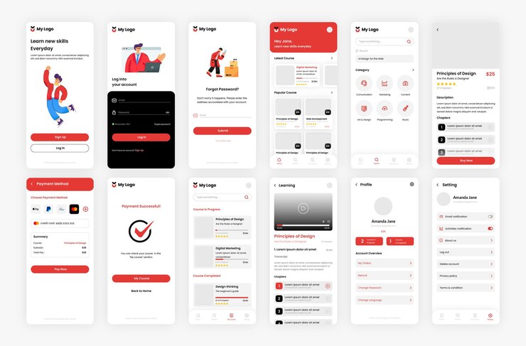 Vector 13 antarmuka aplikasi kursus online layar