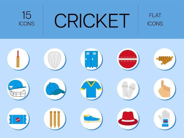 15 Icons Pack Of Cricket Essential Object Over Circle On Blue Background