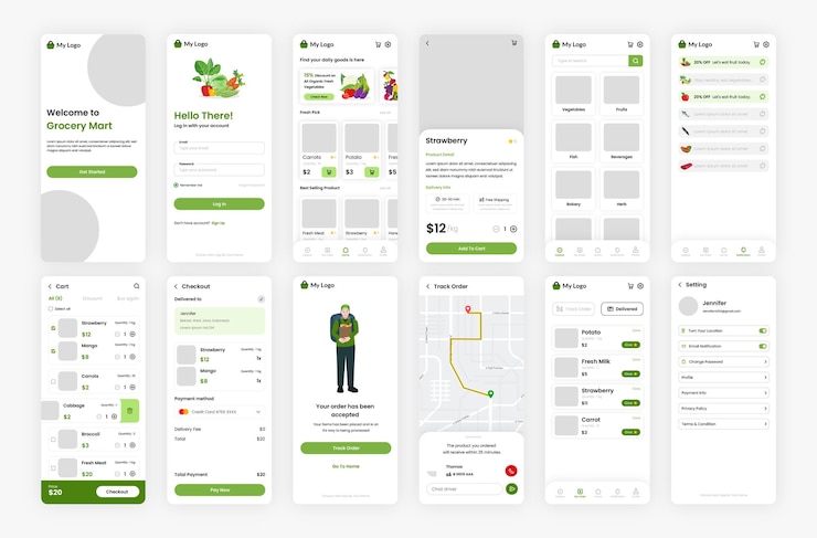 Vector 15 screen grocery mart app interface