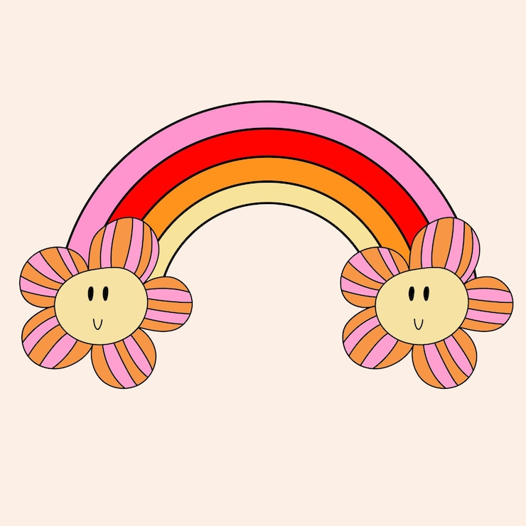 1970 retro daisy flower with rainbow. Doodle illustration. 70s groovy sticker