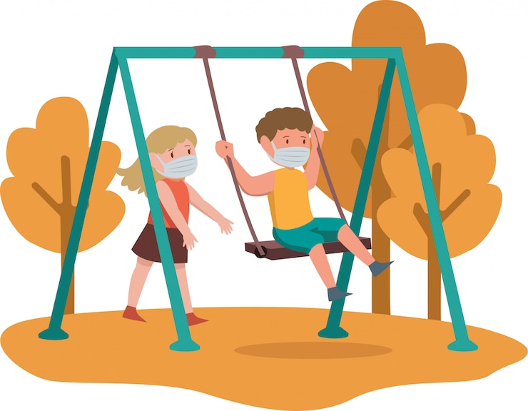 Vector 2 young kids are playing swing together outside while keep using medical mask