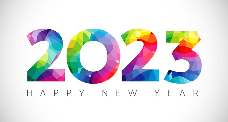 Vector 2023 a happy new year congrats. stained glass art logotype concept. white backdrop. colorful icon.