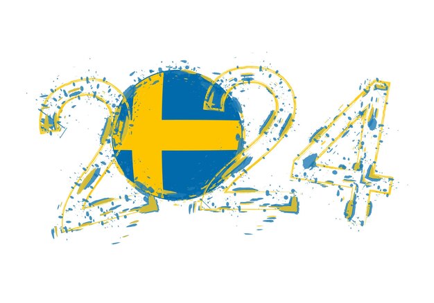 2024 Year in grunge style with flag of Sweden
