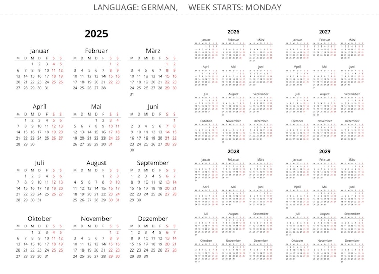 Vector 2025 2026 2027 2028 2029 year vertical german calendars printable vector illustration for germany
