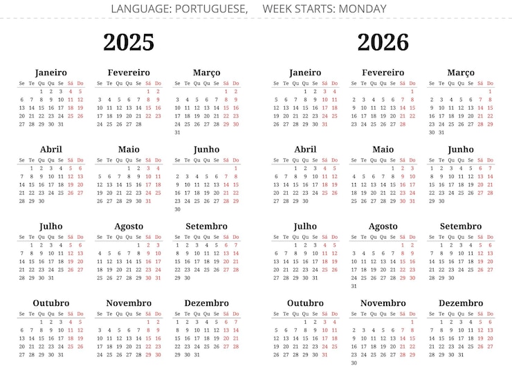Vector 2025 2026 years portuguese calendars vector illustration collection for portugal