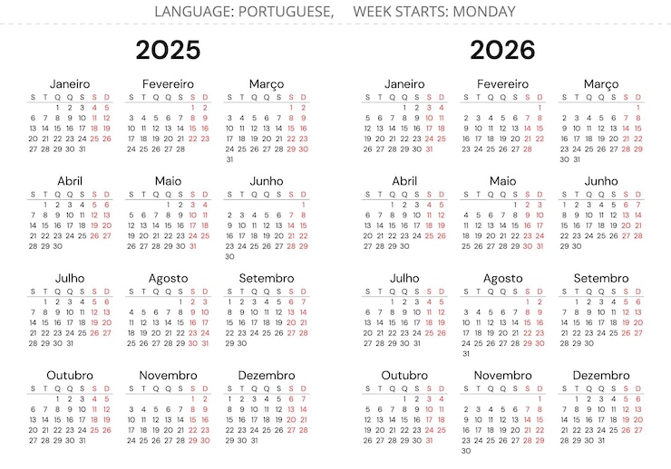 Vector 2025 and 2026 portuguese year calendars vector illustration set portugal