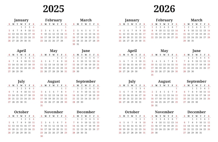Vector 2025 and 2026 year english vector calendars 12 months