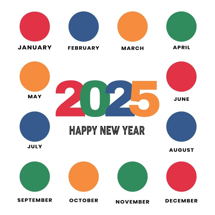 Vector 2025 new year calendar with colorful circular month designs