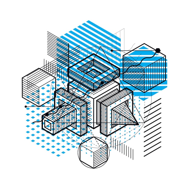 3d abstract vector isometric background. Layout of cubes, hexagons, squares, rectangles and different abstract elements.