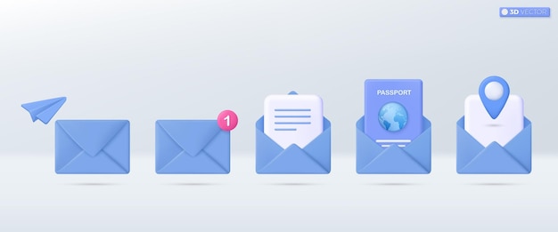 3d blue mail envelope icon set symbol Render email notification Globe Location passport paper plane icon Travel Holiday concept 3D vector isolated illustration Cartoon pastel Minimal style