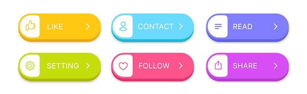 3D buttons with setting contact follow read share icons for UI, mobile app, website, social, game.