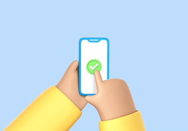 3d cartoon hand holding smartphone with green check mark check mark on smartphone screen finger touching screen isolated on blue background vector 3d illustration