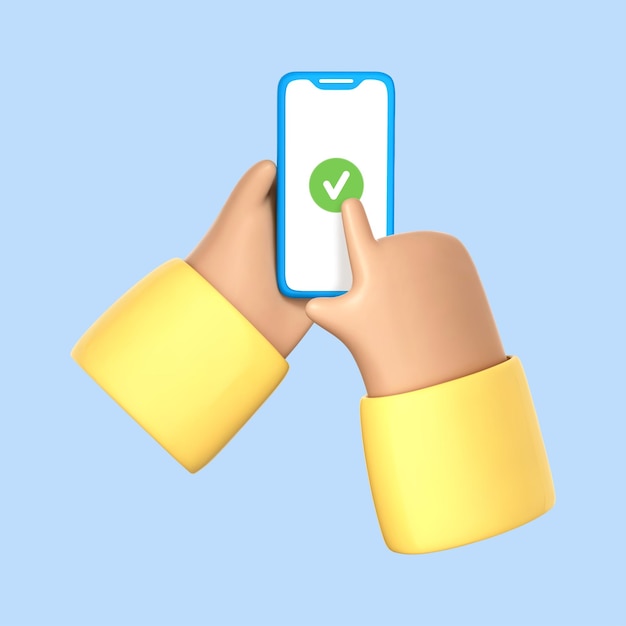 3d cartoon hand holding smartphone with green check mark check mark on smartphone screen finger touching screen isolated on blue background vector 3d illustration