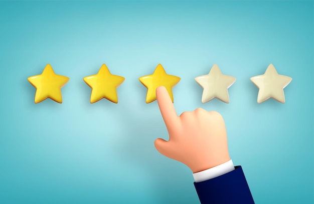 3d cartoon hand pointing finger pointing to five star rating Vector illustration rating stars Feedback reputation and quality concept Customer review concept