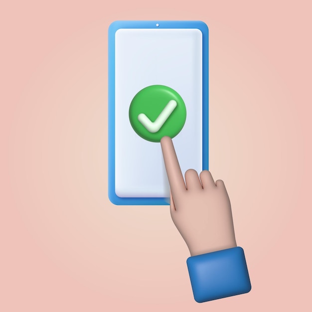 3d cartoon hand use smartphone with checkmark vector