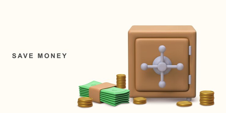 3d concept Safe box coins and stacks of dollar cash Vector illustration