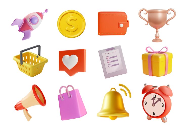 3d Different Shopping Element Icon Set Plasticine Cartoon Style Vector