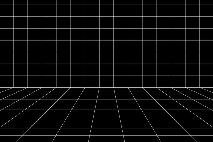 3D digital white grid of wall and floor of black room space with one point perspective