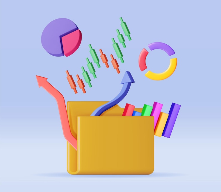Vector 3d file folder full of pie diagram and arrows