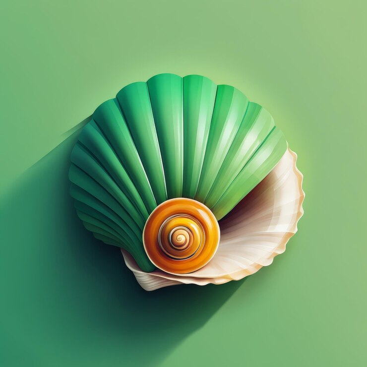 Vector 3d illustration of seashell on the beach with green leaf 3 leaf