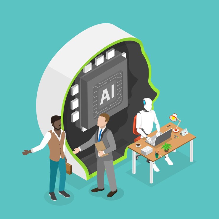 Vector 3d isometric flat vector illustration of business industry robot factory