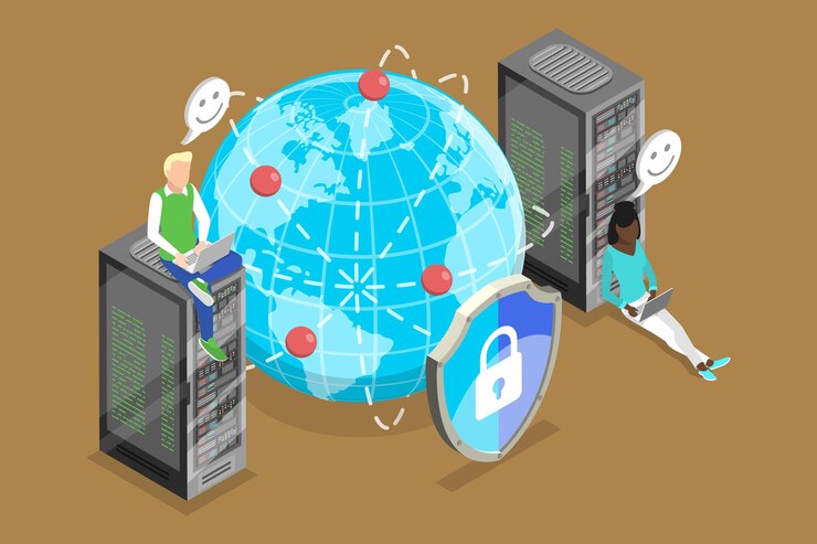 Vector 3d isometric flat vector illustration of proxy server