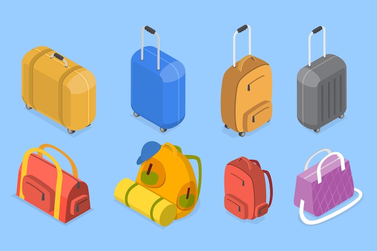 Vector 3d isometric flat vector set of travel luggage types