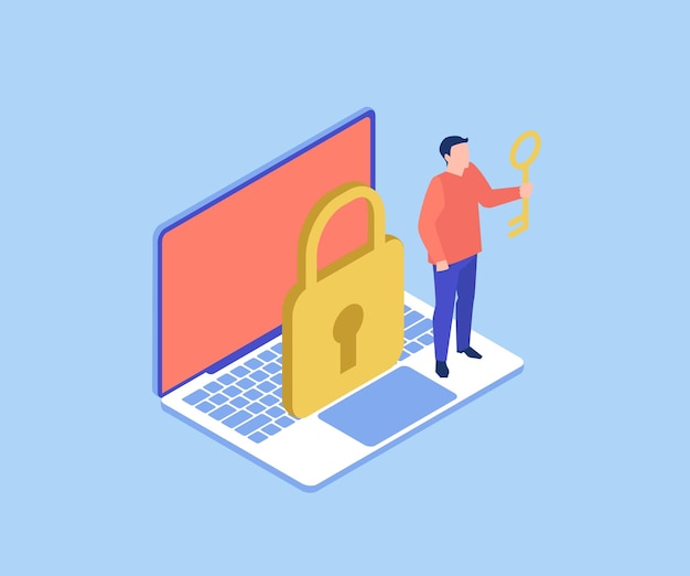 3d isometric illustration. The laptop is locked, next to it is a man with a key in his hand.