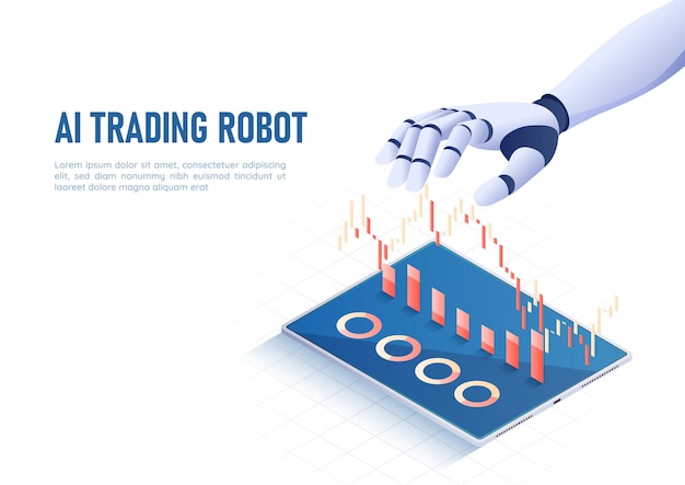 3d isometric web banner ai artificial intelligence hand contoling stock market graph and chart. ai artificial intelligence analysis technology and machine learning concept.