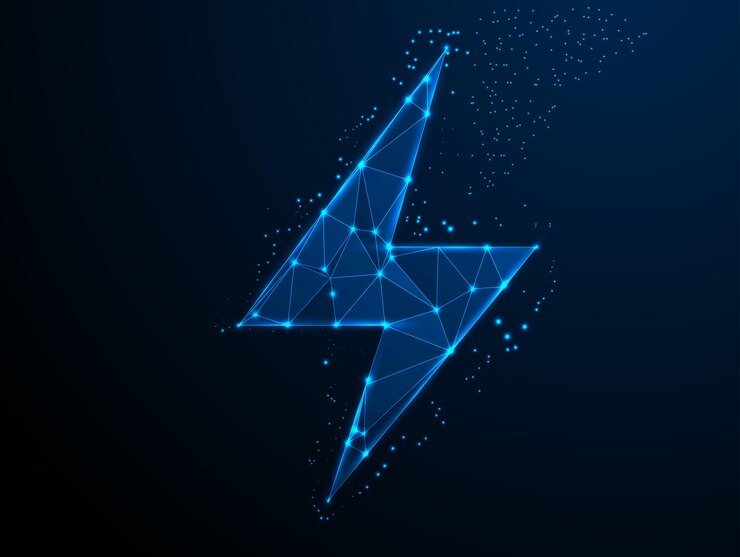 Vector 3d low poly blue lightning bolt electric power technology and abstract digital innovation icon