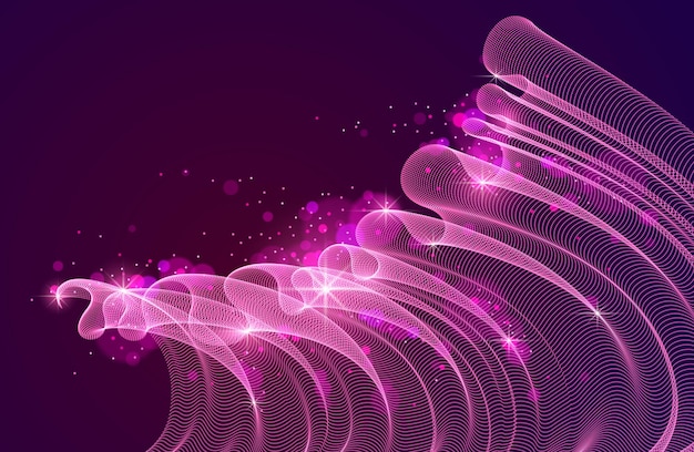 3d magic particles mesh array over dark, sound wave flowing, transparent tulle textile on wind. Round points vector effect illustration. Blended mesh, calming relaxing wallpaper.
