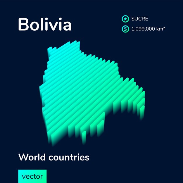 3D map of Bolivia Stylized striped digital neon isometric vector map is in green and mint colors