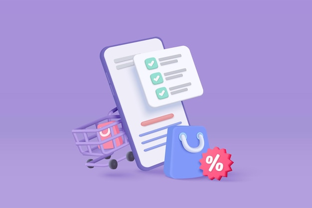 3d mobile phone with price tags for online shopping concept Basket with promotion tag discount coupon of cash for future check list for promotion 3d price tags icon vector render illustration