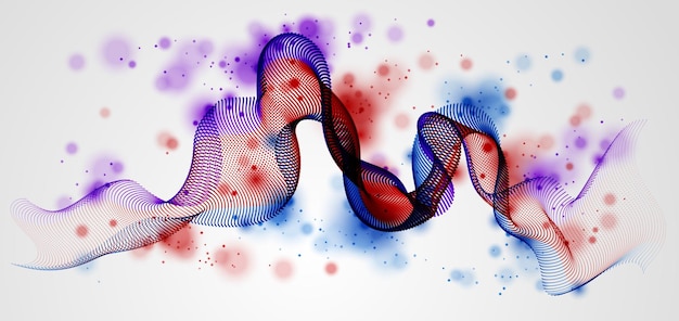 3d particles mesh array, sound wave flowing. Round points vector effect illustration. Blended mesh, future technology relaxing wallpaper.
