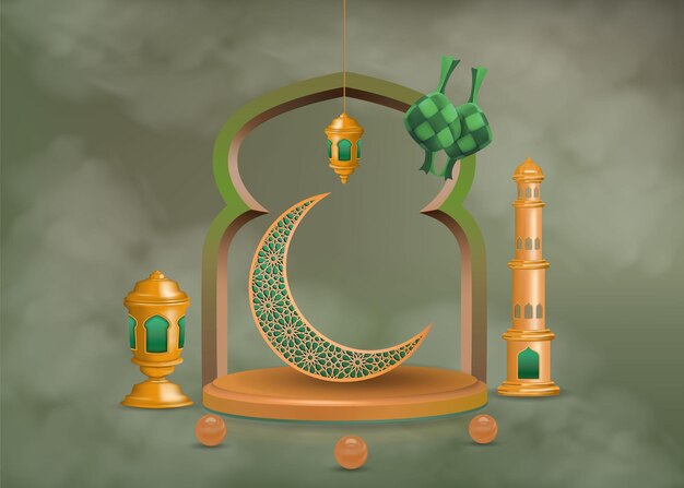 3d podium display for ramadan sale with mosque gate and crescent moon in clouds background