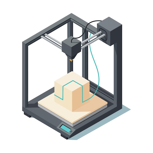 3D printer machine creating geometric object in modern detailed isometric style vector illustration