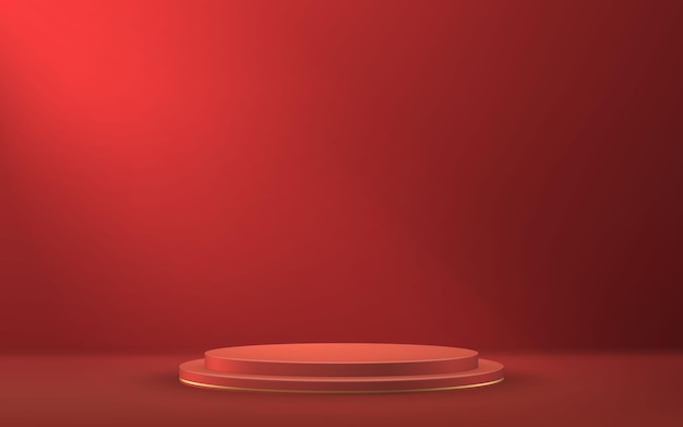 3d realistic podium or pedestal on red luxury background