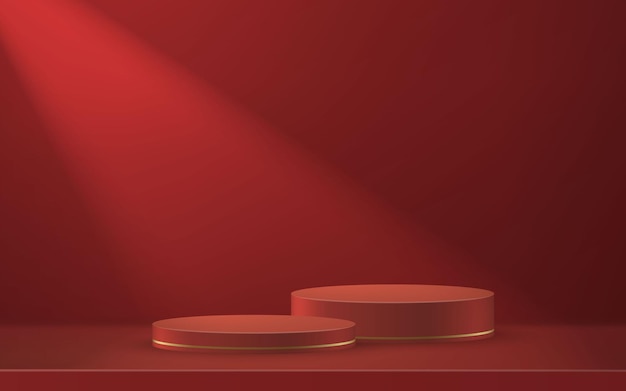 3d realistic podium or pedestal on red luxury background