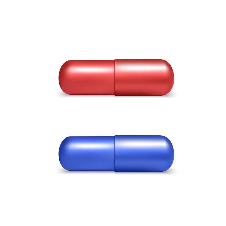 Vector 3d realistic red and blue medical pill icons choice concept in matrix style medical and healthcare object vector illustration