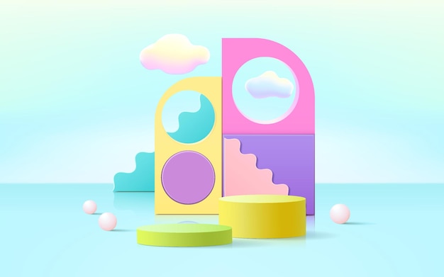 3d rendering of podium and abstract geometric with empty space for kids or baby product.