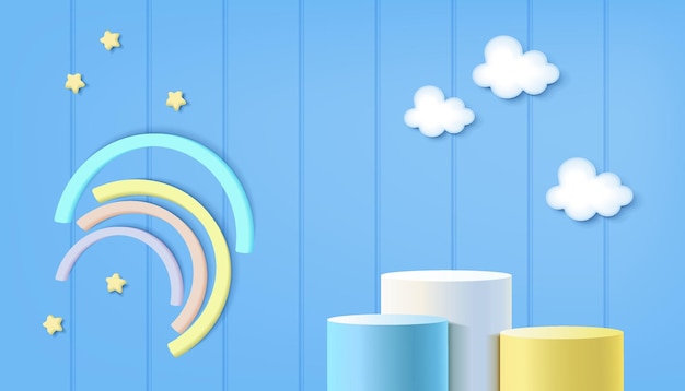 3d rendering podium with color pastel background clouds and weather with space for kids or baby product