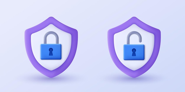 3d shield with padlock lock and unlock icon 3d design of cyber security data protection and privacy technology concept 3d object on isolated background vector illustration