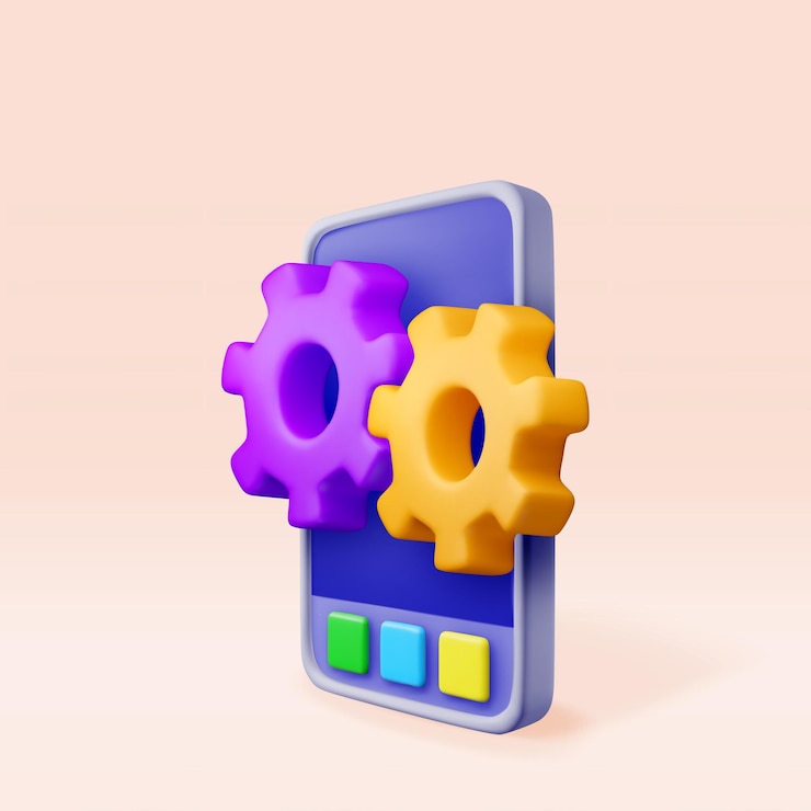 Vector 3d smartphone with gears on screen isolated