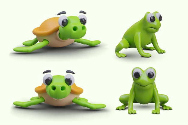 3D turtle and frog in different positions Front and side view Green cute amphibians