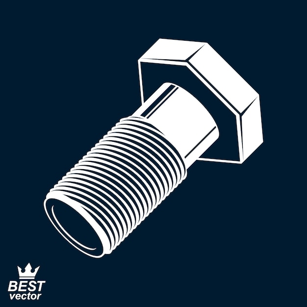 3d vector classic bolt. Detailed graphic built instrument – fix tool, stylized web manufacturing illustration.