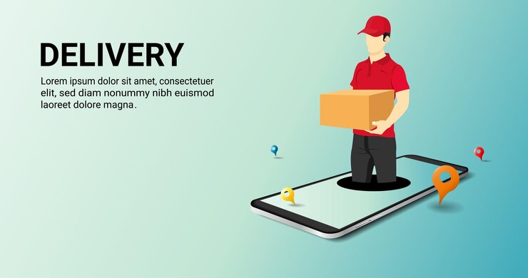 Vector 3d vector illustration delivery courier man holding parcel box coming out of the mobile screen