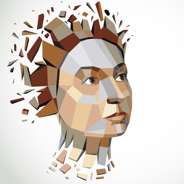 3d vector illustration of human head created in low poly style. face of pensive female, smart personality. intelligence allegory, artistic deformed object broken into splinters and fragments.
