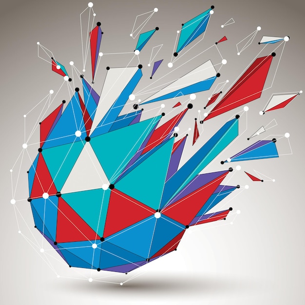 3d vector low poly digital object with connected lines and dots, colorful geometric wireframe shape with different fractures. Asymmetric perspective shattered form.