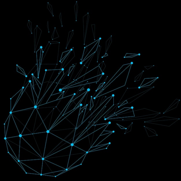 3d vector low poly object with blue connected lines and dots, geometric wireframe demolished shape. Asymmetric perspective shattered form. Luminescent effect, communication technology.